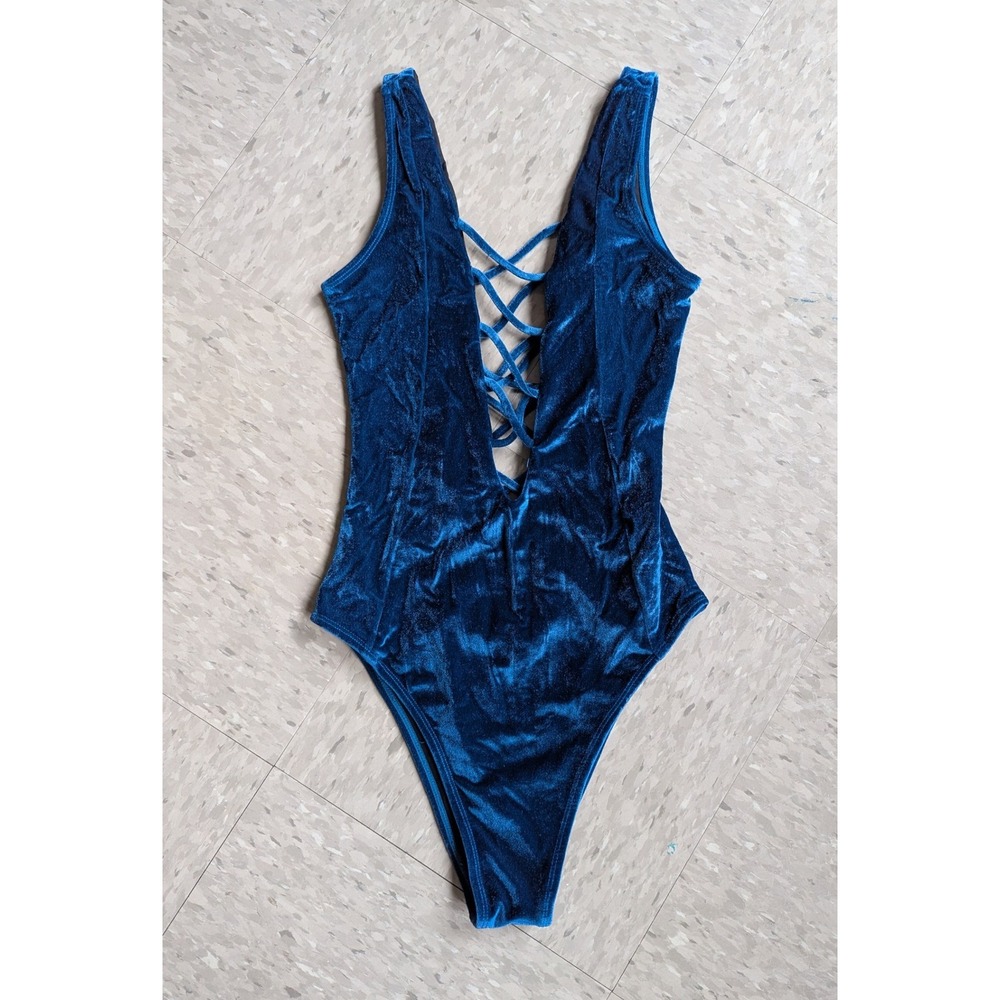 NWOT‎ Elizabeth Jane EJ Swim Velvet One Piece Bathing Suit Blue Criss Cross